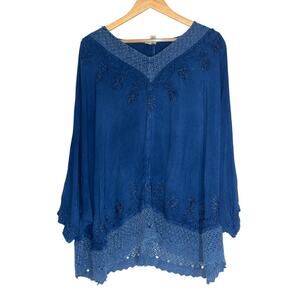 Vintage Blue Boho Bohemian Tunic Top Blouse Women Medium Blue Dolman Oversized